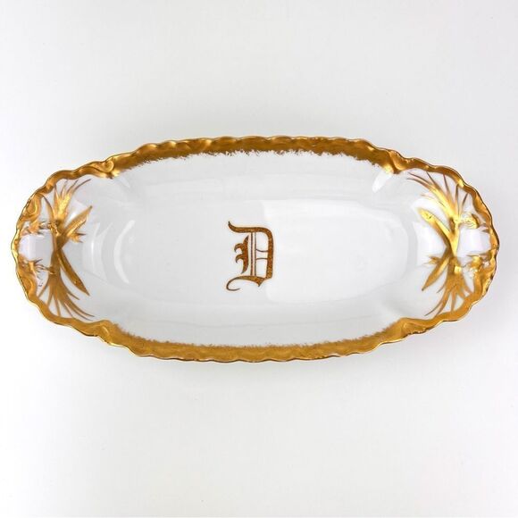 Antique Germany Gold Trim Porcelain Monogram Serving Bowl Dish - Picture 1 of 11